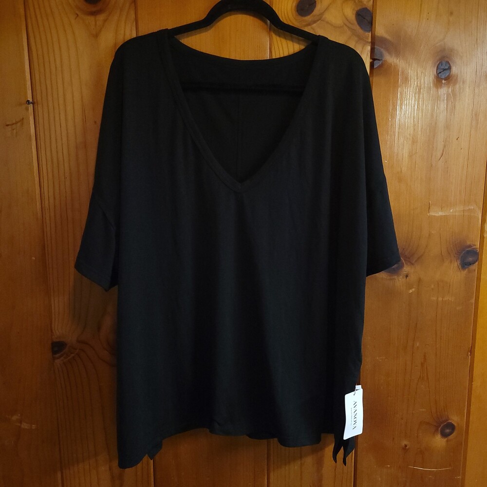 AVANOVA Large Black Cotton Spandex Shirt Short Sleeve V Neck